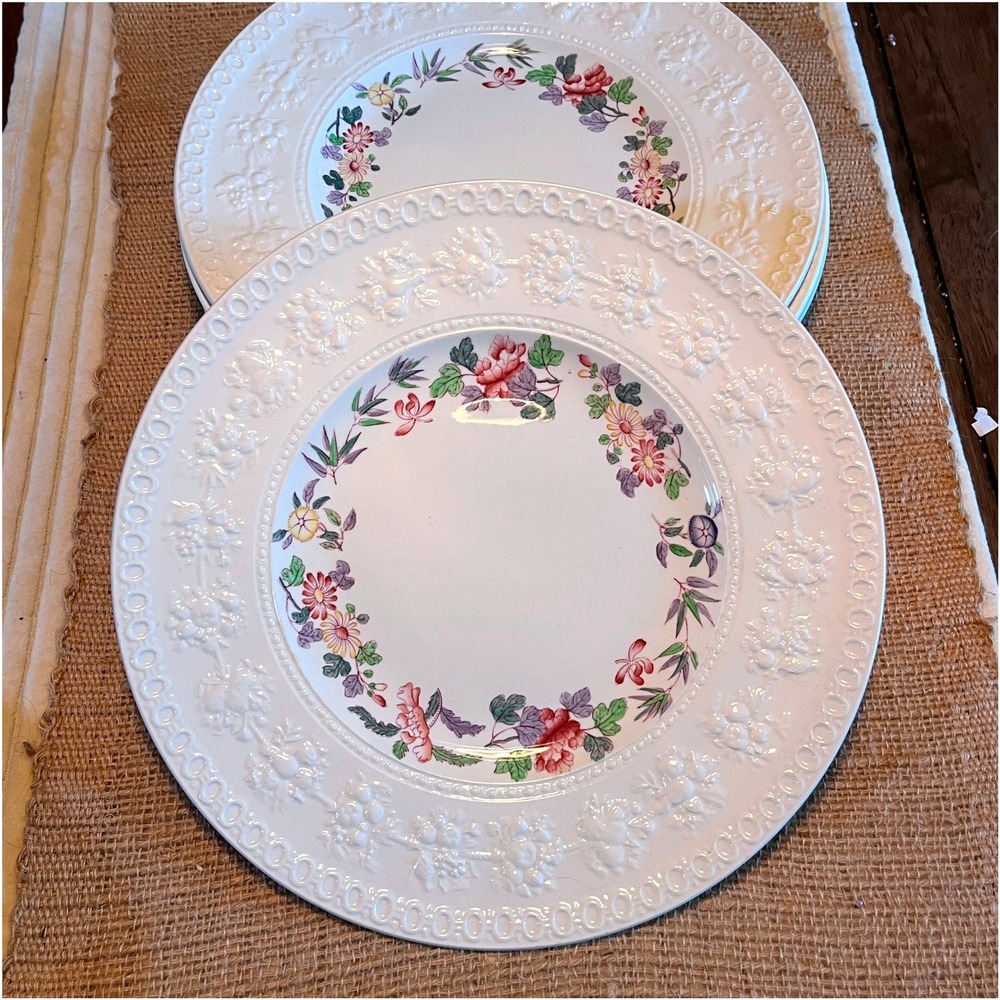 Wedgwood Wellesley Orient Dinner Plates Set of 6 Embossed Floral Border England